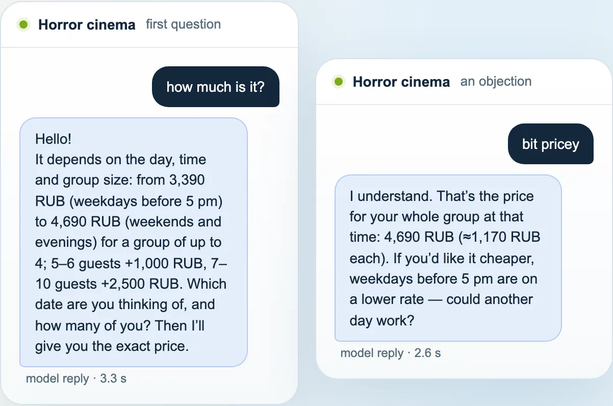 Two dialogues: a customer asks the price and says it’s pricey; the AI operator replies with exact amounts and leads to a booking