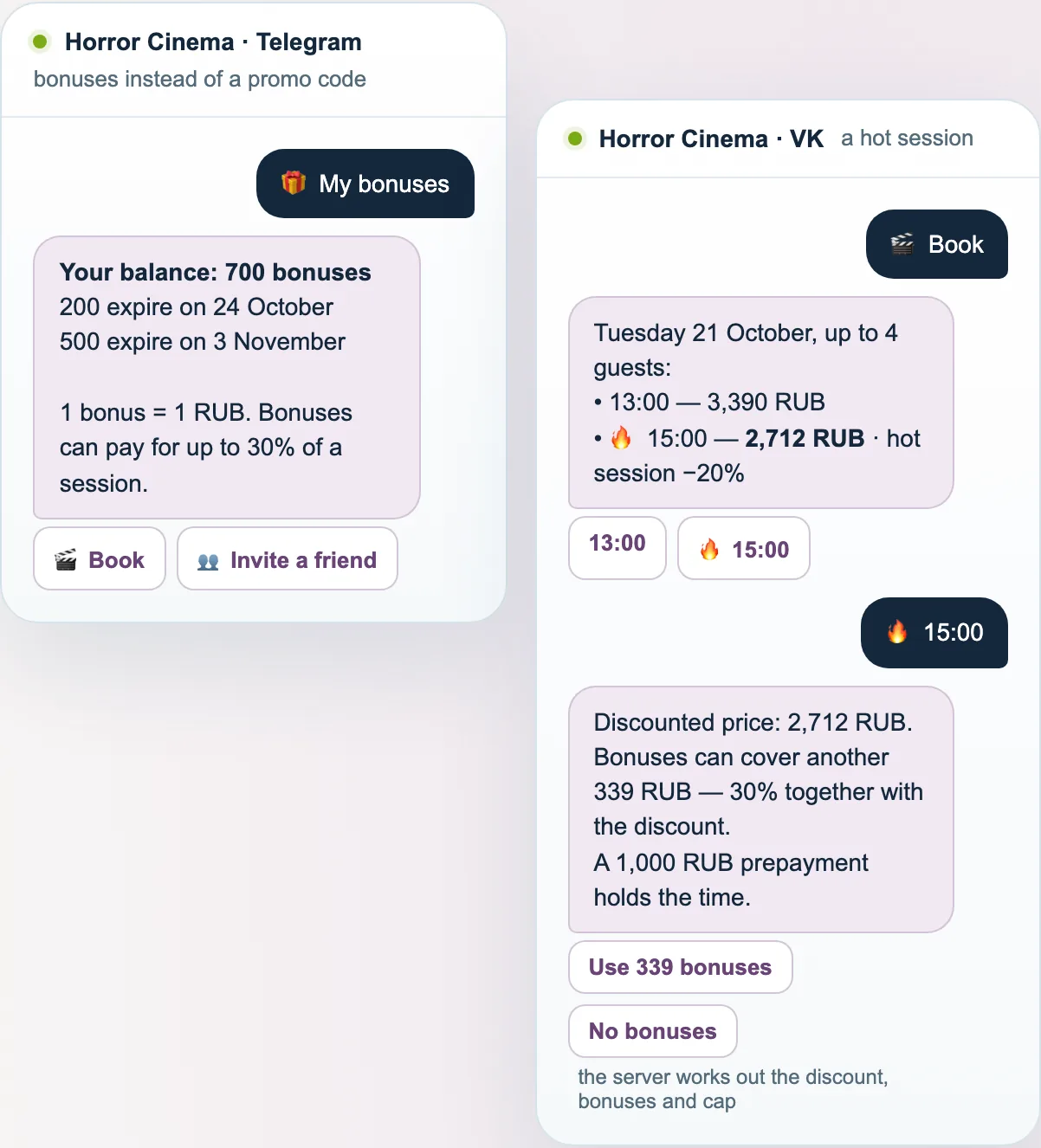 The cinema bot: a bonus balance with expiry dates and a hot session at 20% off