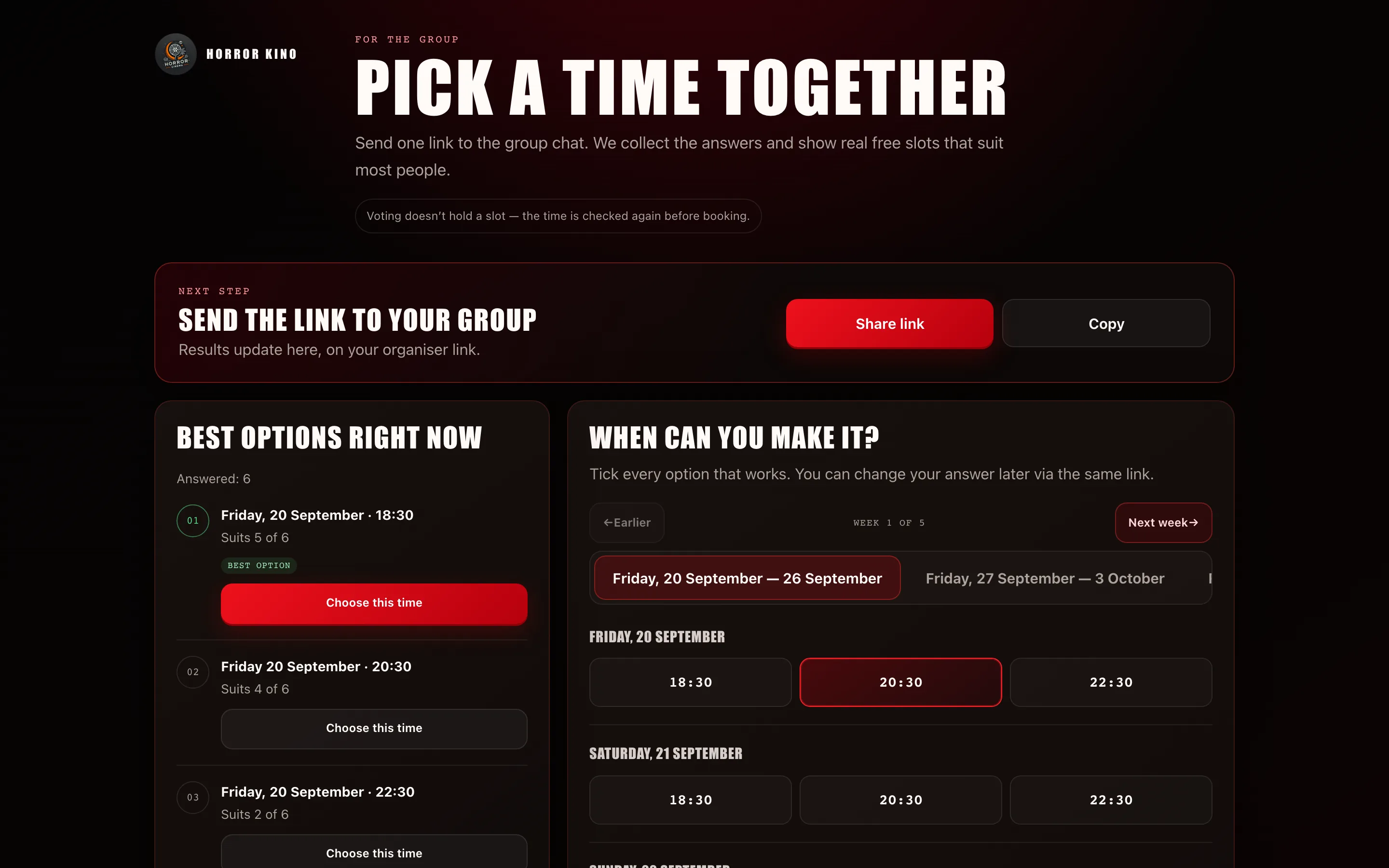 “Pick a time together” page: best options from the group’s answers and a calendar of free sessions