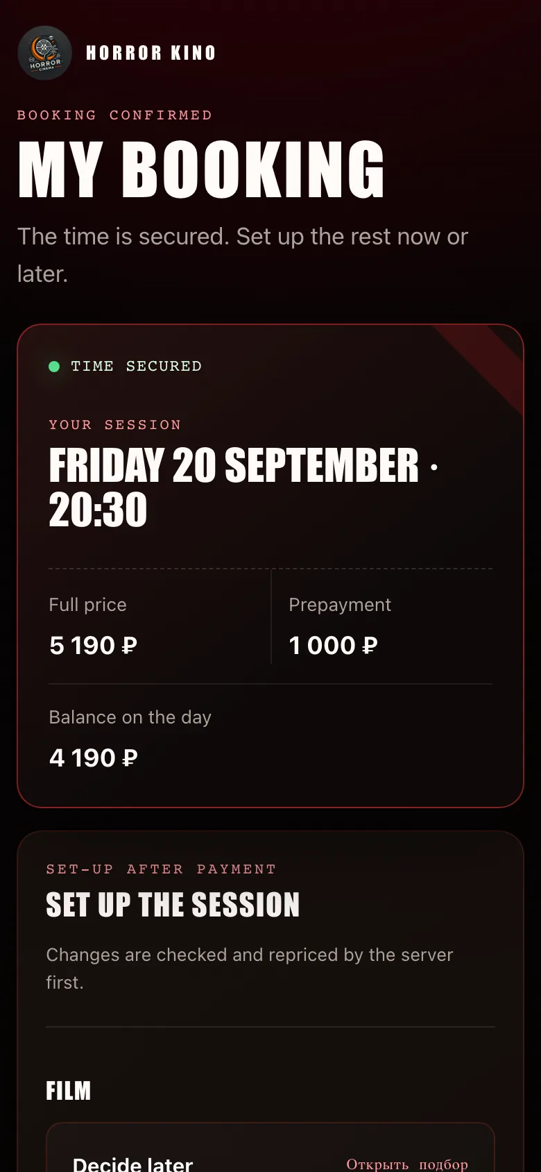 “My booking” page: time secured, full price, prepayment and balance on the day