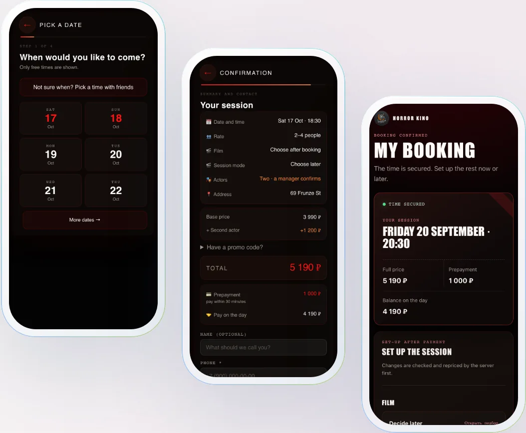 Customer path: picking a time, summary with prepayment, “My booking”