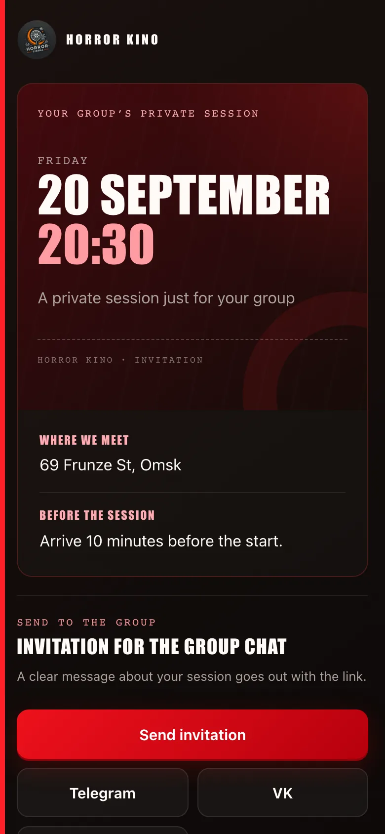 Invitation for the group chat: date, time and address with no access to managing the booking