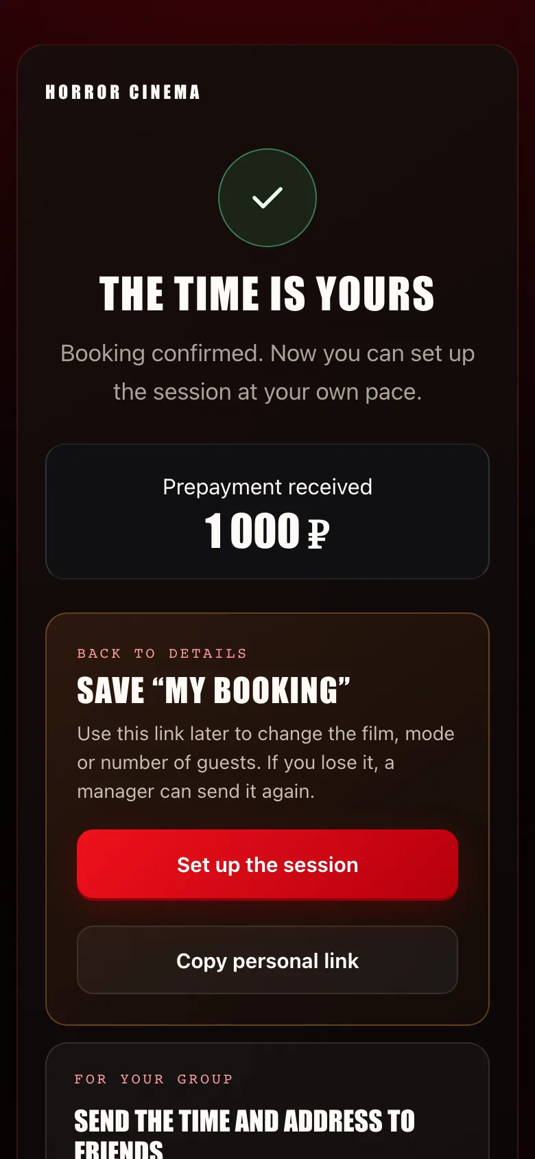 After payment: “The time is yours”, prepayment received, a “My booking” link to set up the session