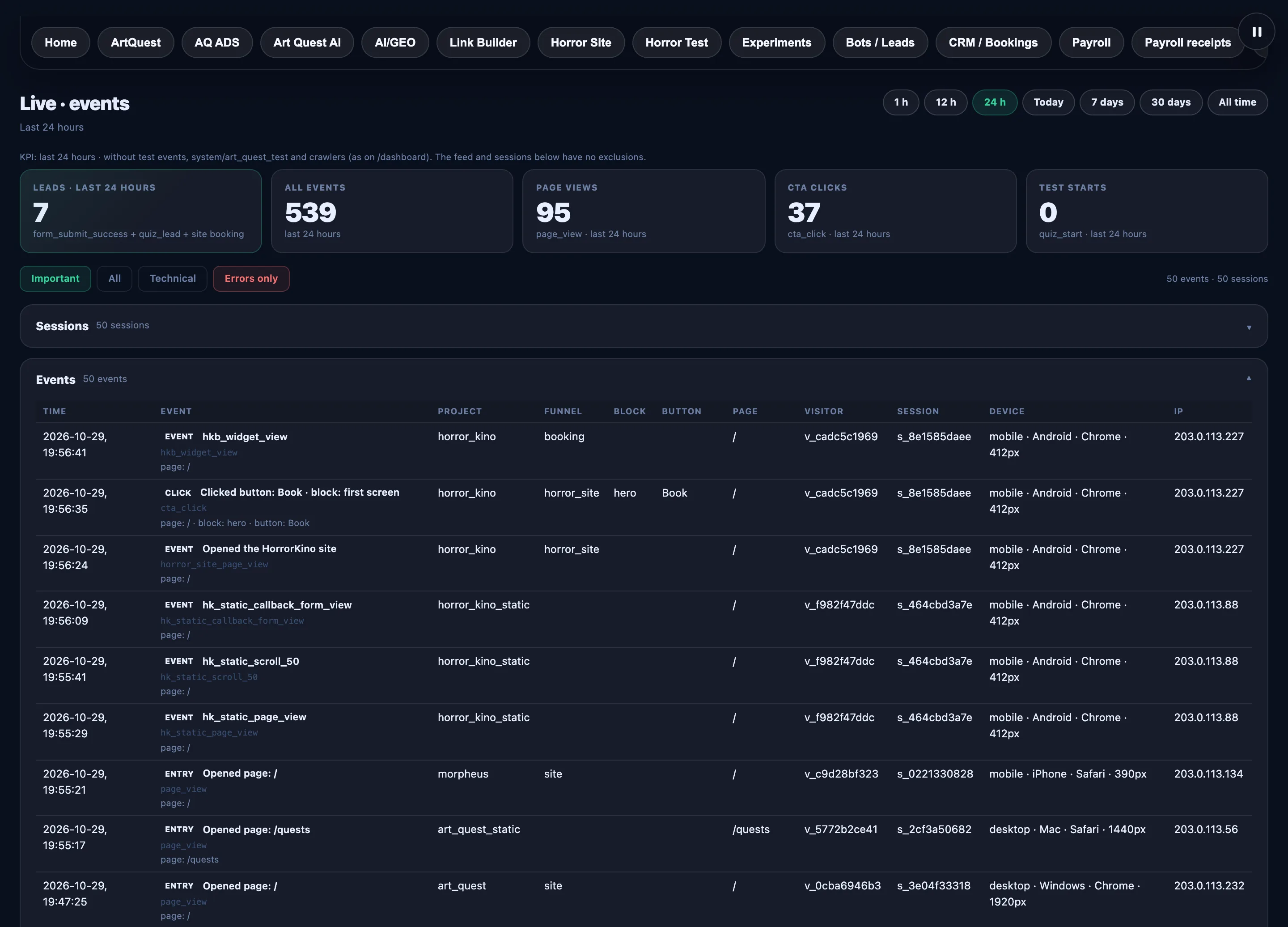 Live event feed on demo data: project, funnel, session and device for every action.
