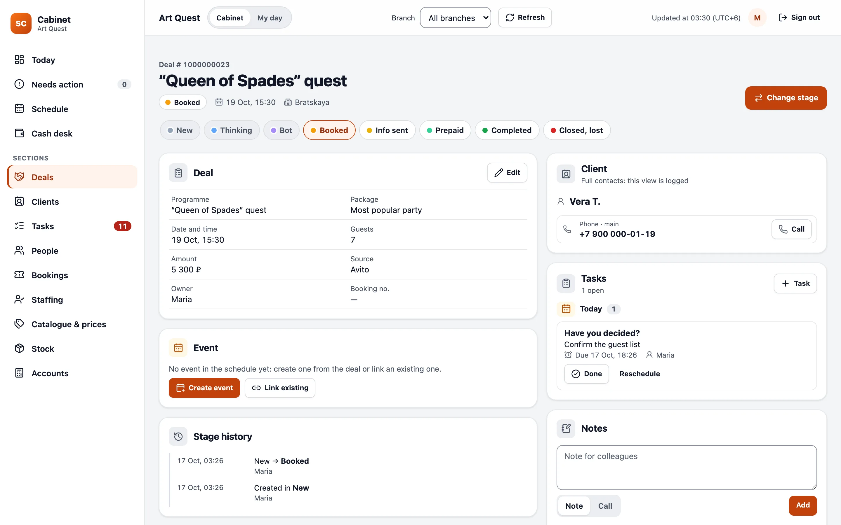 Deal card: stage bar, deal fields, client with a Call button, today’s task and stage history