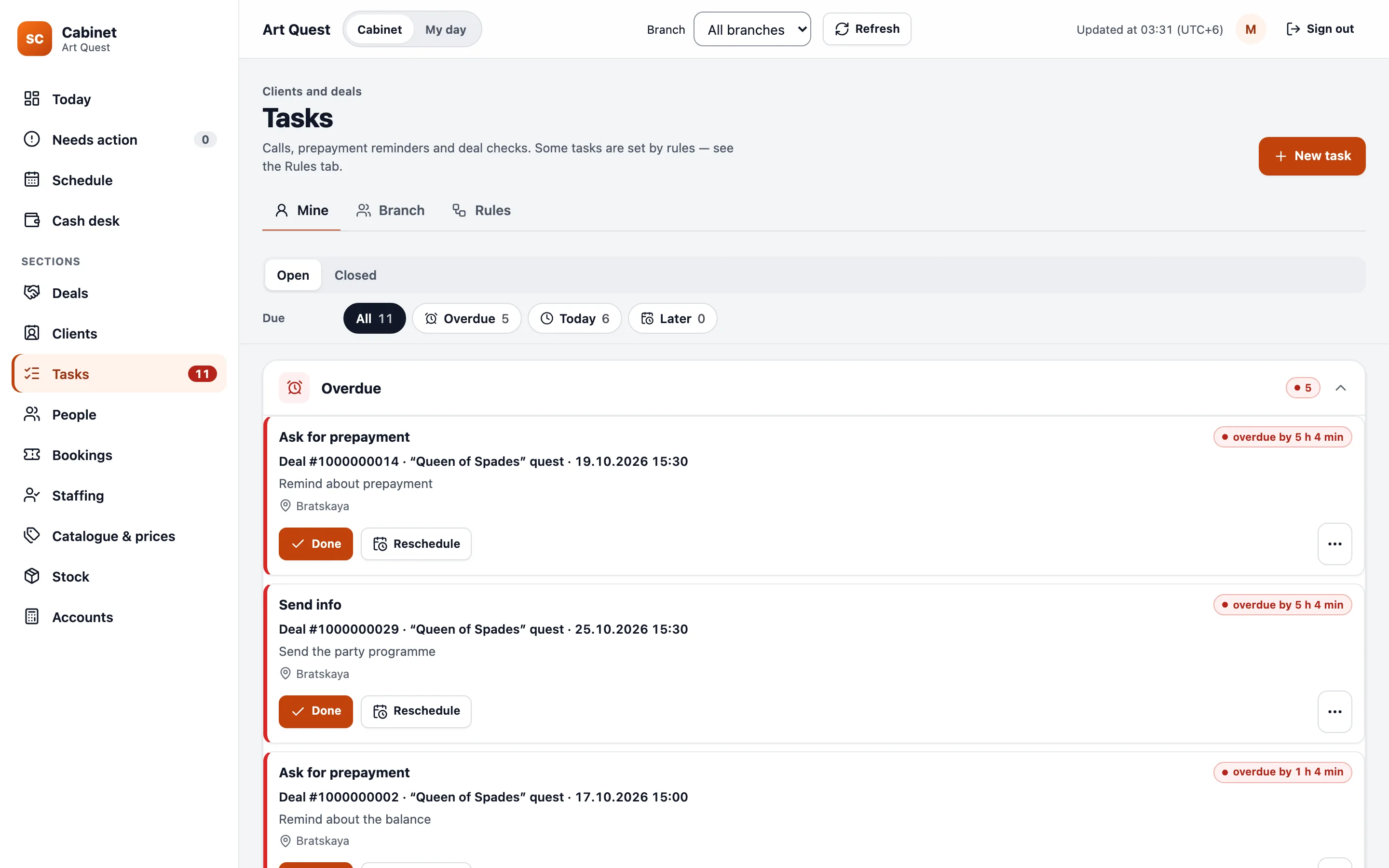 Manager’s tasks: overdue, today and later, each linked to its deal