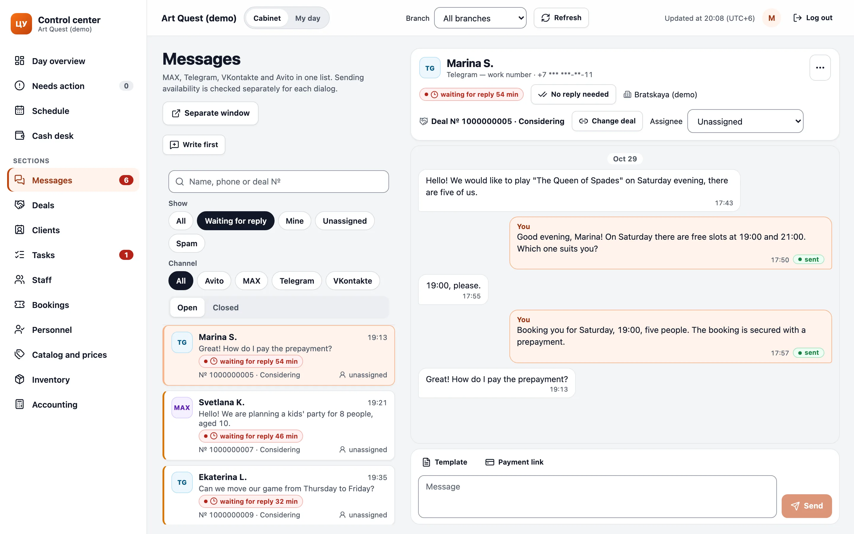 The “Waiting for a reply” list with MAX, Telegram, VK and Avito icons, next to an open conversation with “Template” and “Payment link” buttons.