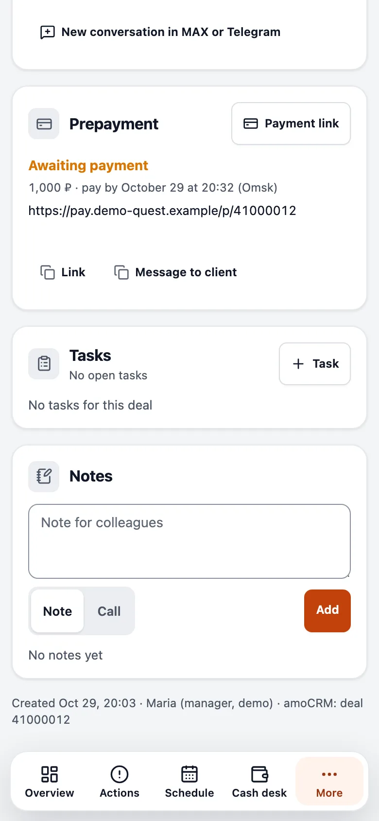 The Prepayment block in a deal card: status, amount, payment deadline and the link.