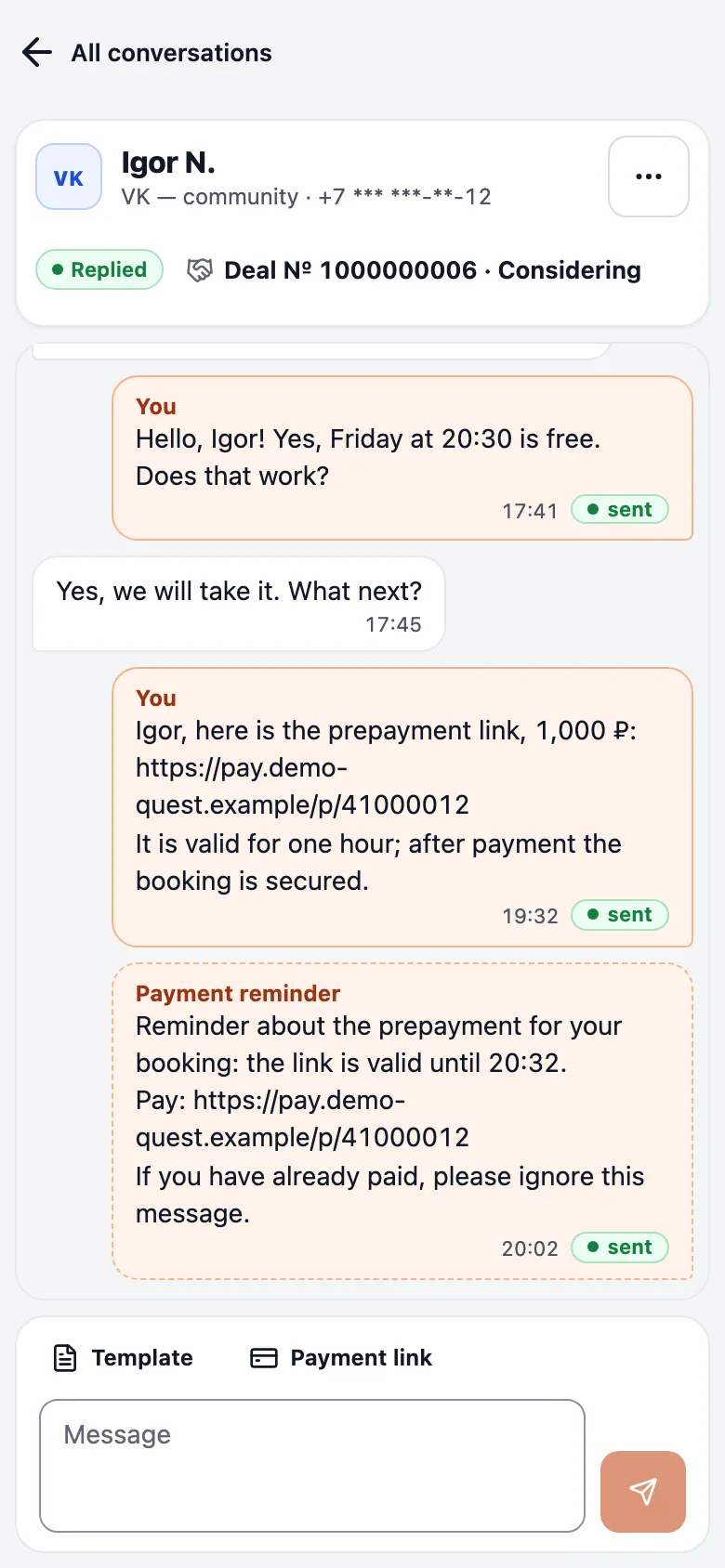 The chat shows the manager’s message with the link and the automatic payment reminder.
