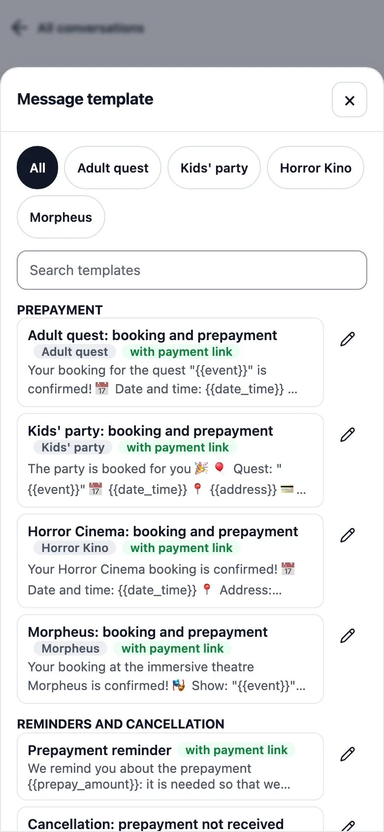Template picker grouped by prepayment, reminders and cancellation, after booking.