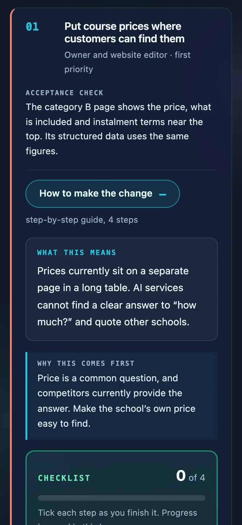 An expanded instruction on a phone: the change, an acceptance check and a step-by-step checklist