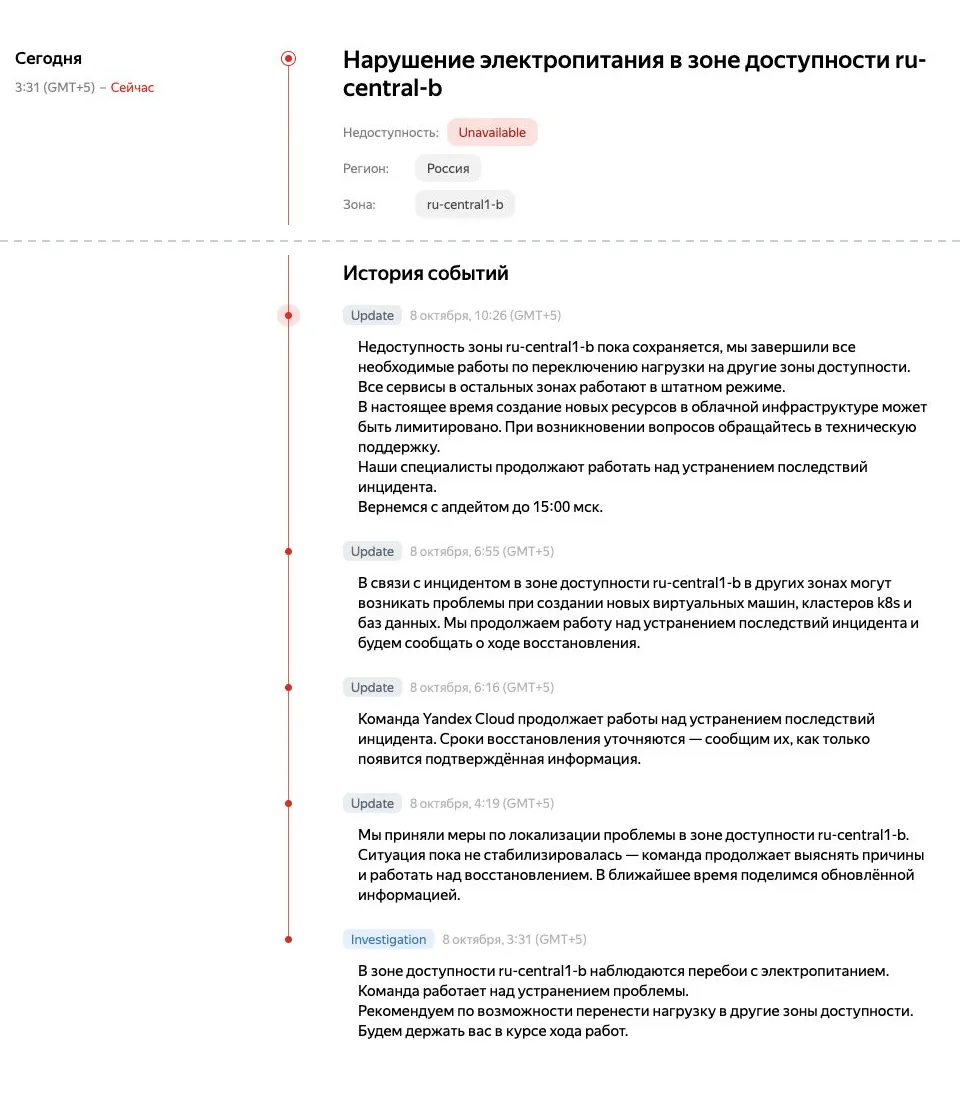 Публичная страница статуса Yandex Cloud: нарушение электропитания в зоне доступности ru-central1-b, статус Unavailable, история обновлений с 3:31 до 10:26 по GMT+5