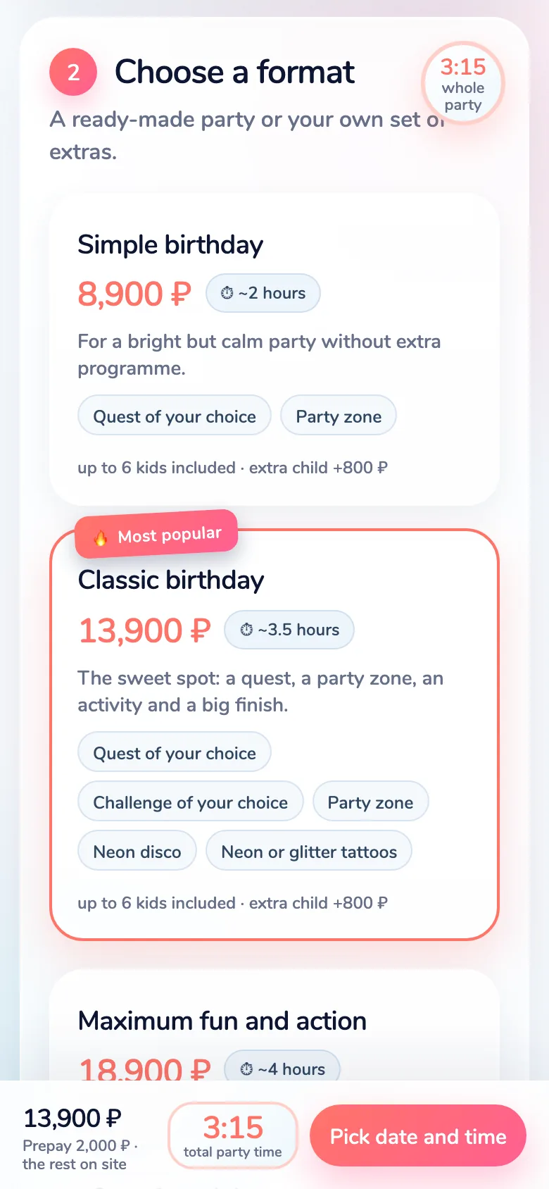 Art Quest booking, “Choose a format” step: packages at 8,900 and 13,900 RUB with what’s included and how long it takes
