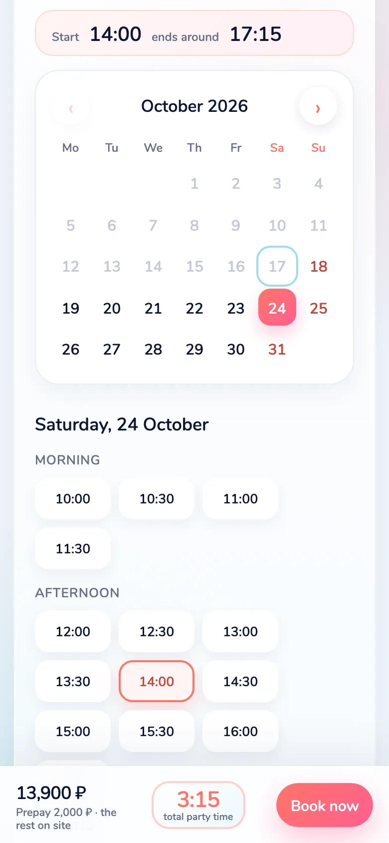 Art Quest booking, “Date and time” step: start 14:00, ends around 17:15, free times for Saturday 24 October, total 13,900 RUB and a 2,000 RUB prepayment