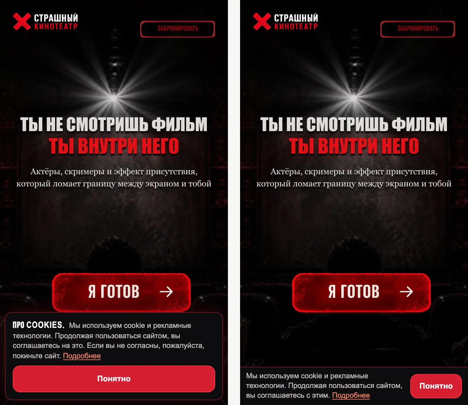 Horror Cinema home page on a phone. On the left a large cookie card over the button, on the right a slim bar at the bottom
