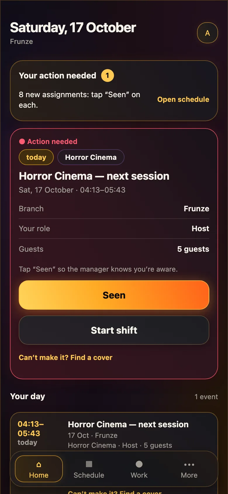 Staff screen: next shift, role, “Seen” and “Start shift” buttons, “Find a cover”