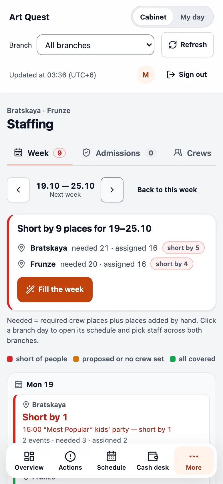 The weekly board on a phone: “Short by 9 places this week” and a “Fill the week” button